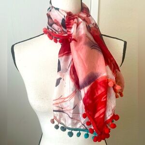 Floral Large Square Silk Wrap Scarf Shawl With Pom Pom Trim 39x34